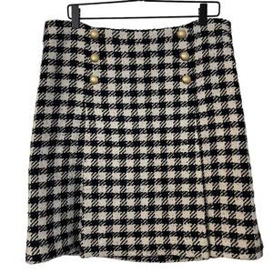 Talbots Black and Cream Houndstooth Plaid Wool Gold Button A-Line Skirt Size 12